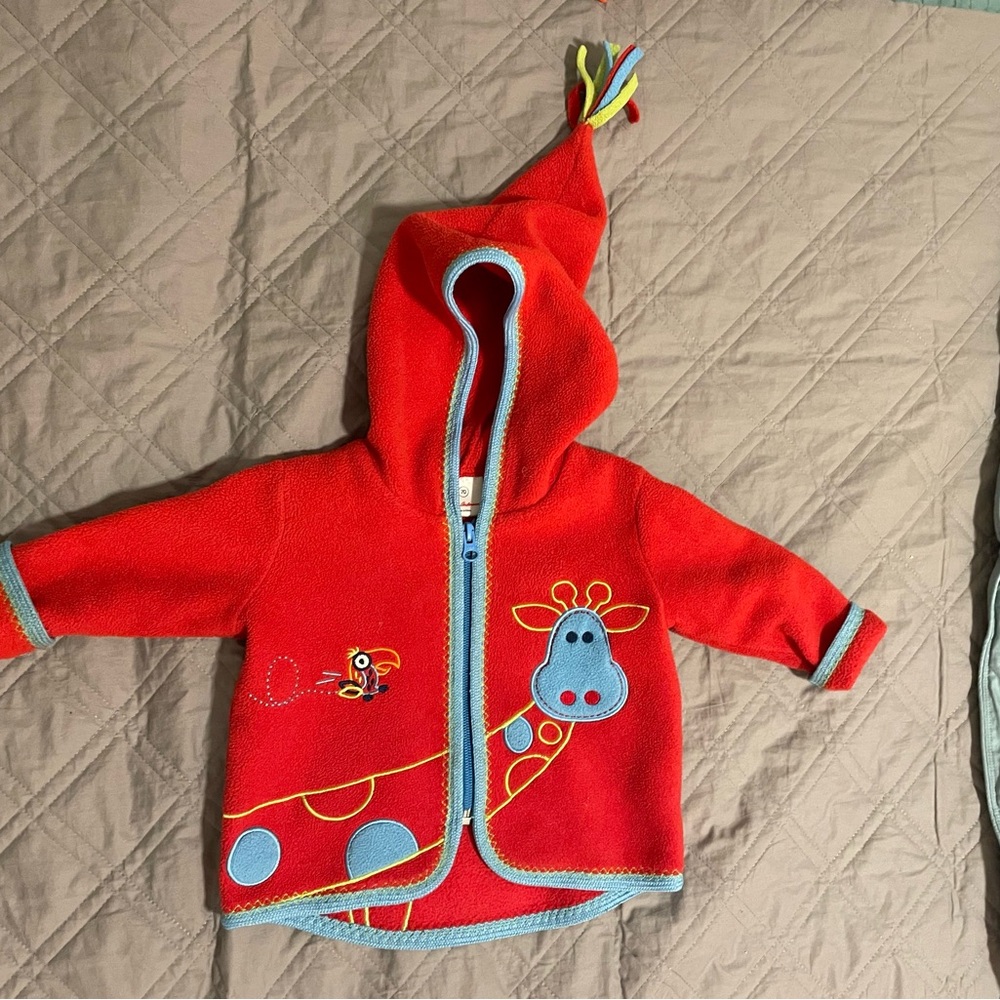 Hanna Andersson - Red Hooded Baby Jacket with Giraffe Design - GUC